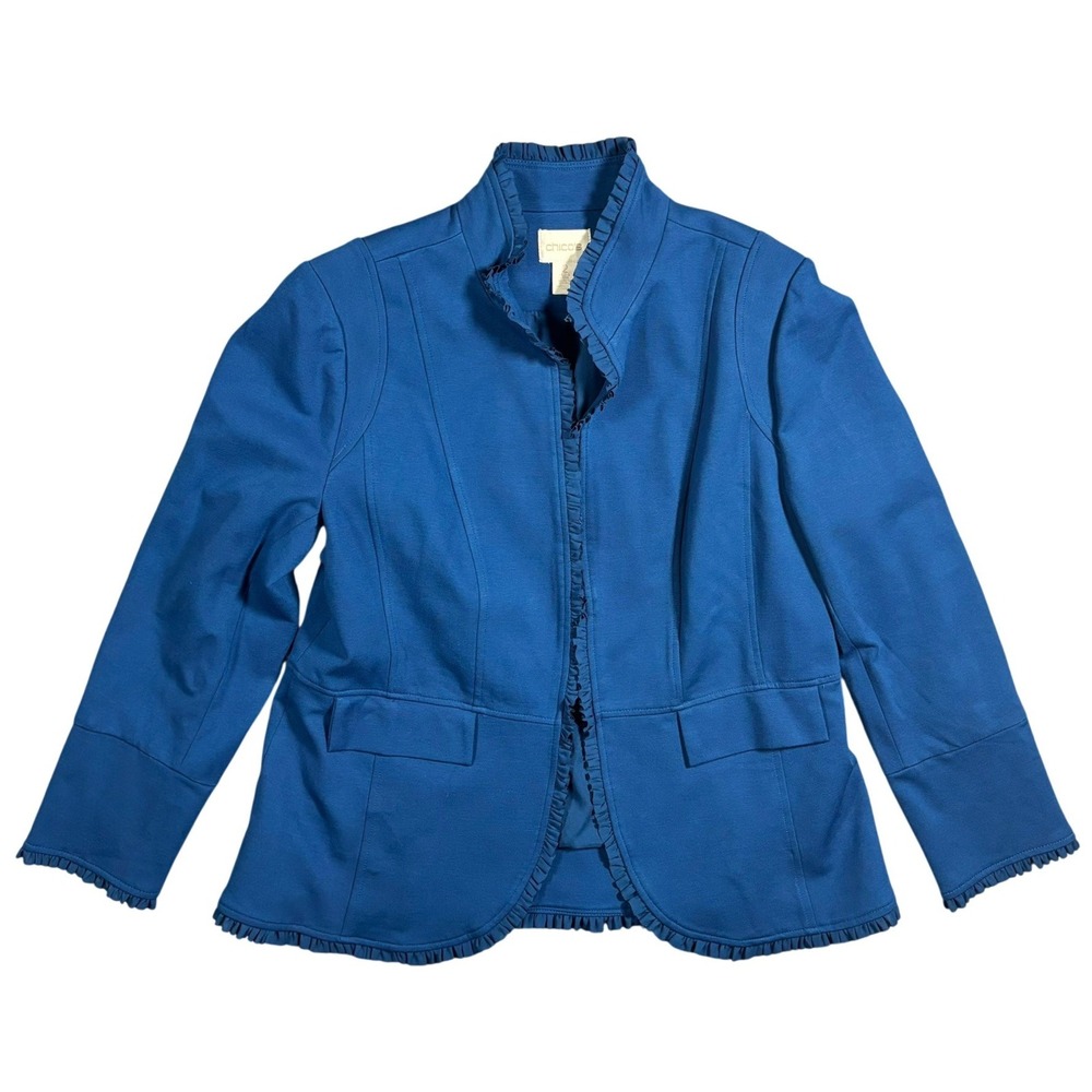 Chicos Teal Blue Ruffle Collar Jacket Blazer Women‎ Size 2